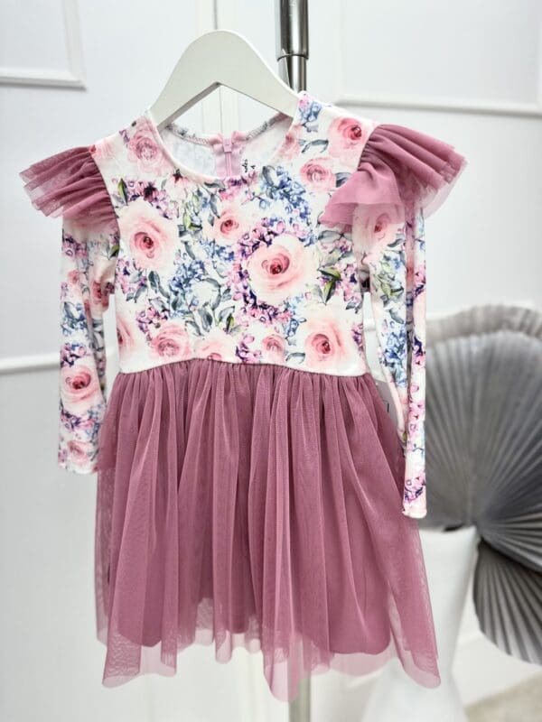 Vaikiška trikotažinė suknelė su tiuliu - rožinė